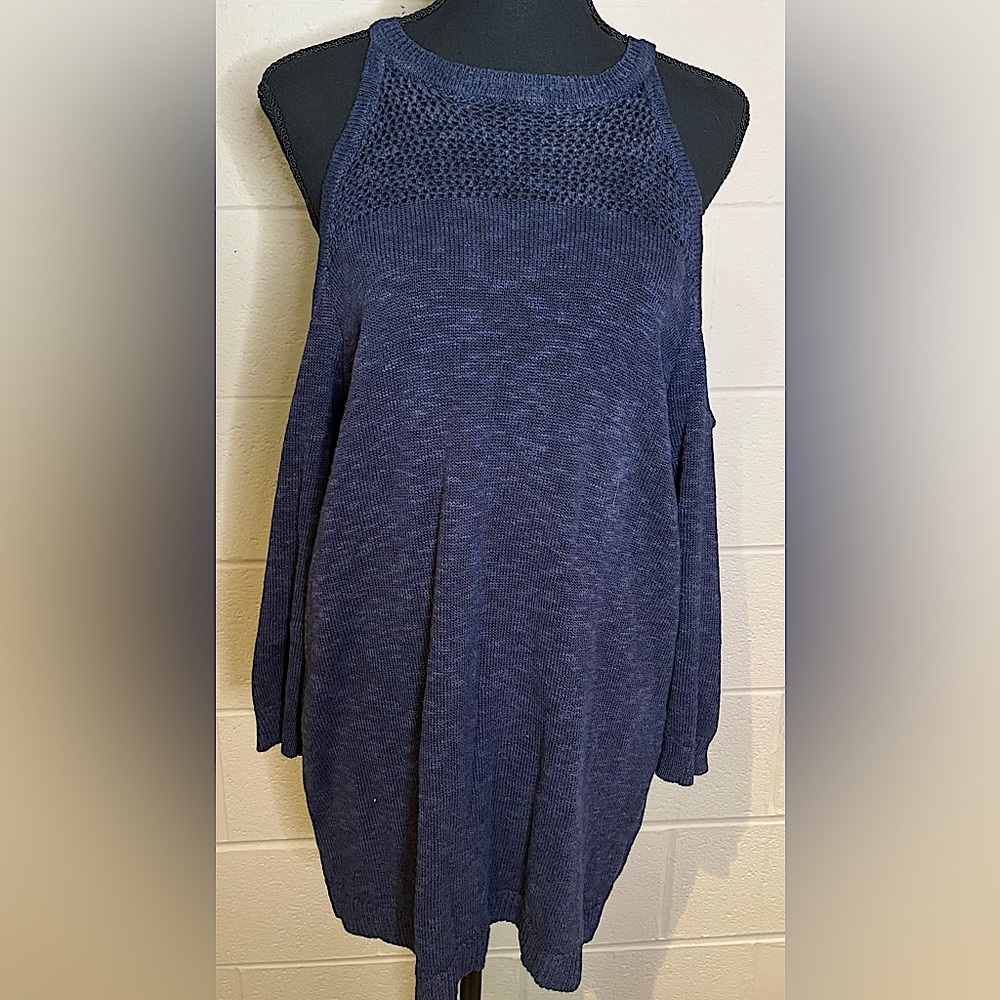 Navy Blue Knit Cold Shoulder Sweater